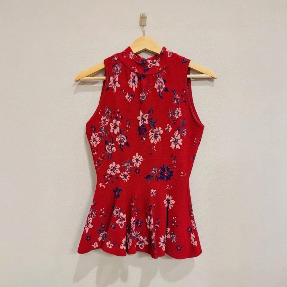Milly Twilight Sleeveless Peplum Stretch Knit Top Red Floral‎ Size Small